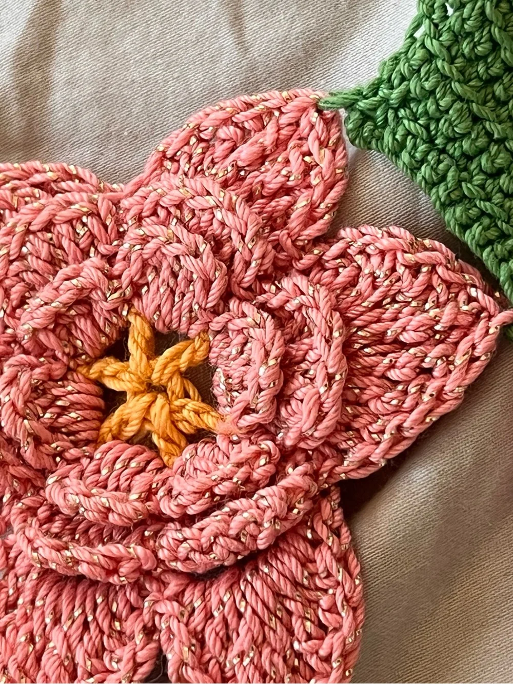 Antique Handmade Crochet Doily - Pink Flower with Green Leaves